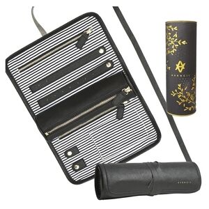 Avencii Black Vegan Leather Travel Jewelry Roll Case w/ Gift Tube New
